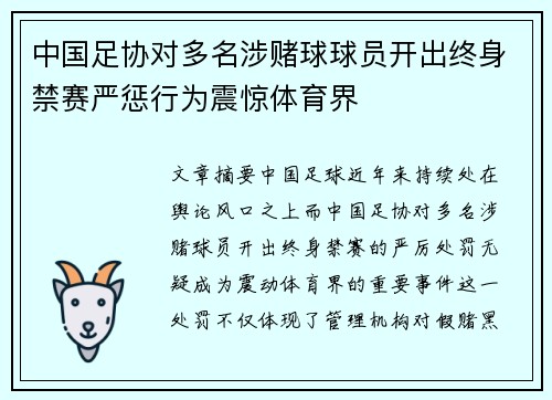 中国足协对多名涉赌球球员开出终身禁赛严惩行为震惊体育界