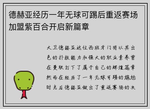德赫亚经历一年无球可踢后重返赛场加盟紫百合开启新篇章