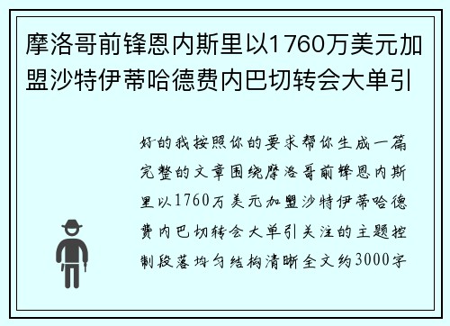 摩洛哥前锋恩内斯里以1760万美元加盟沙特伊蒂哈德费内巴切转会大单引关注